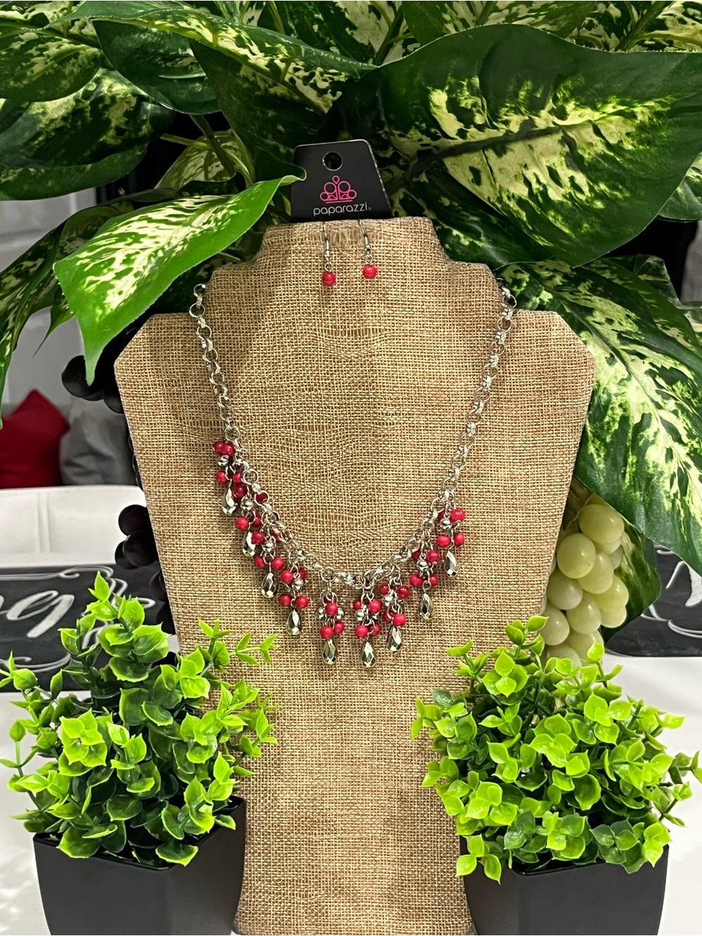Paparazzi Silver Necklace and Earring Set - hot pink Beaded Cascade